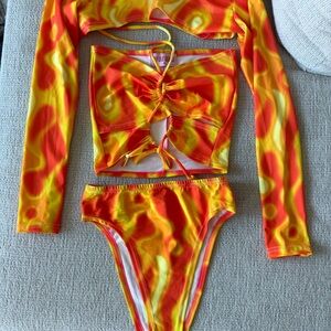 Dynamic Orange and Yellow Bikini with Flame Pattern